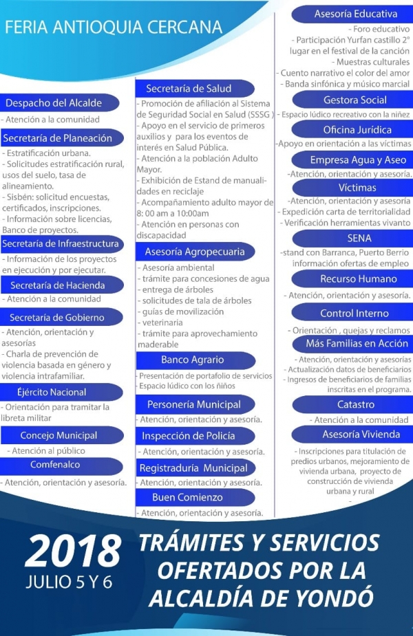 Ma&ntilde;ana 5 y 6 de julio la Alcald&iacute;a Municipal de Yond&oacute; y la Empresa Aguas y Aseo participar&aacute; con los siguientes servicios en la Feria Antioquia CercanA