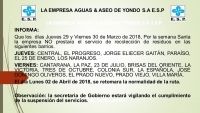 La Empresa de servicios p&uacute;blicos informa los d&iacute;as 29 y 30 de Marzo de 2018, Por la semana Santa la empresa NO prestara el servicio de recolecci&oacute;n de residuos en las siguientes barrios.